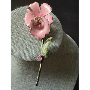 Vintage 1940s Francois Orchid Flower Pin Brooch Large Pink Enamel Rhinestone